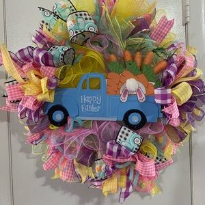 Colorful Easter Wreath with Blue Truck&Carrots